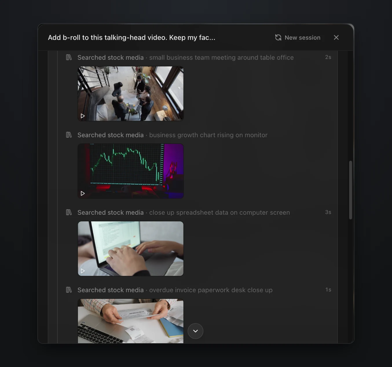The agent's stock searches, each written from the transcript, for a team meeting, a growth chart rising on a monitor, spreadsheet data on a screen and invoice paperwork on a desk, with a preview of the clip it found