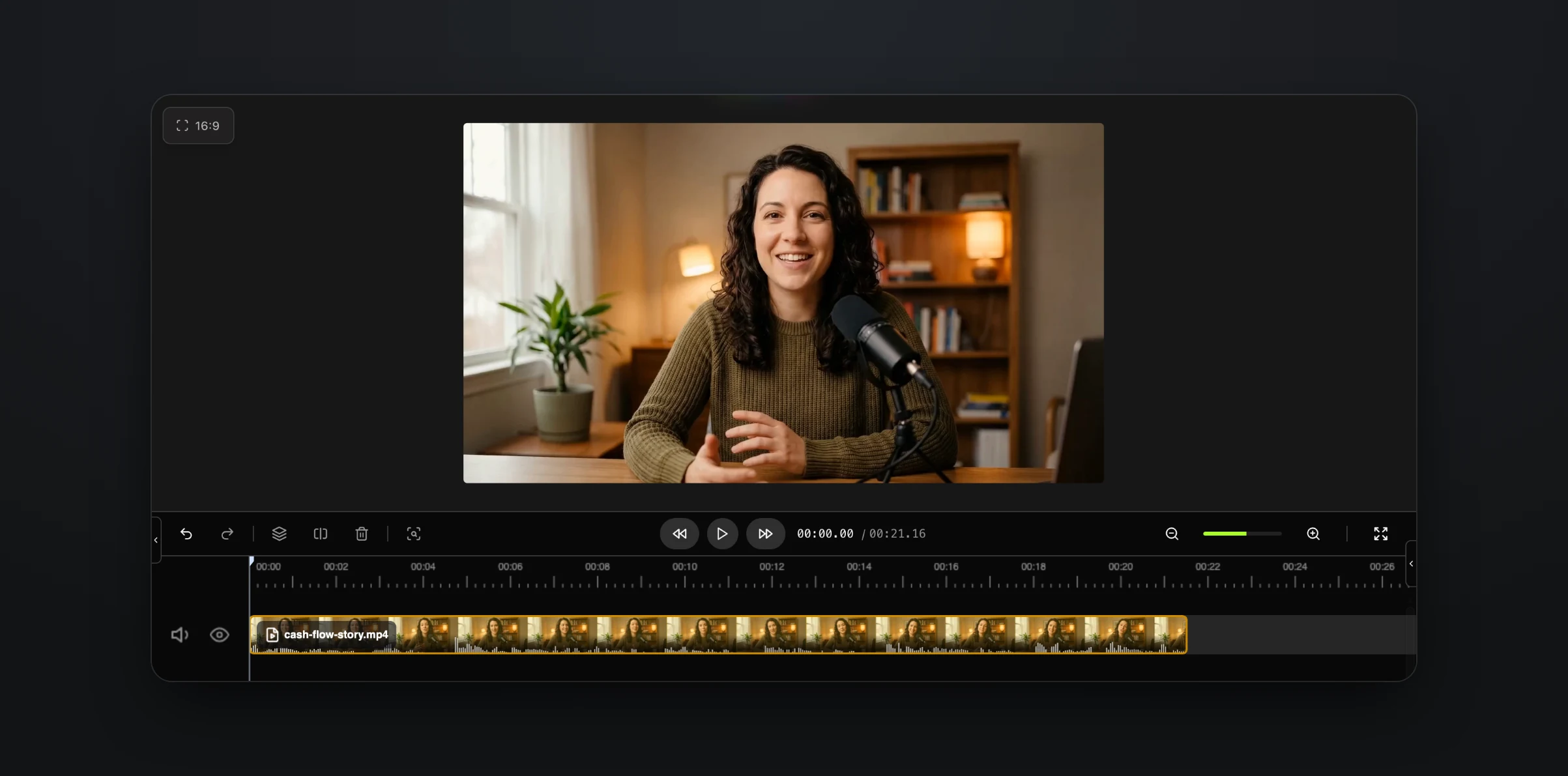 A 21 second talking-head recording open in the Rendley editor, with one video track on the timeline
