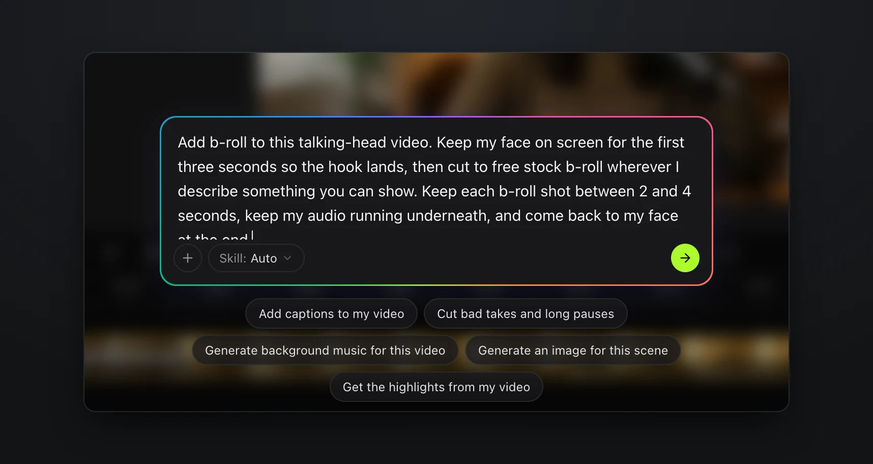 The AI Agent prompt open over the talking-head video in the Rendley editor