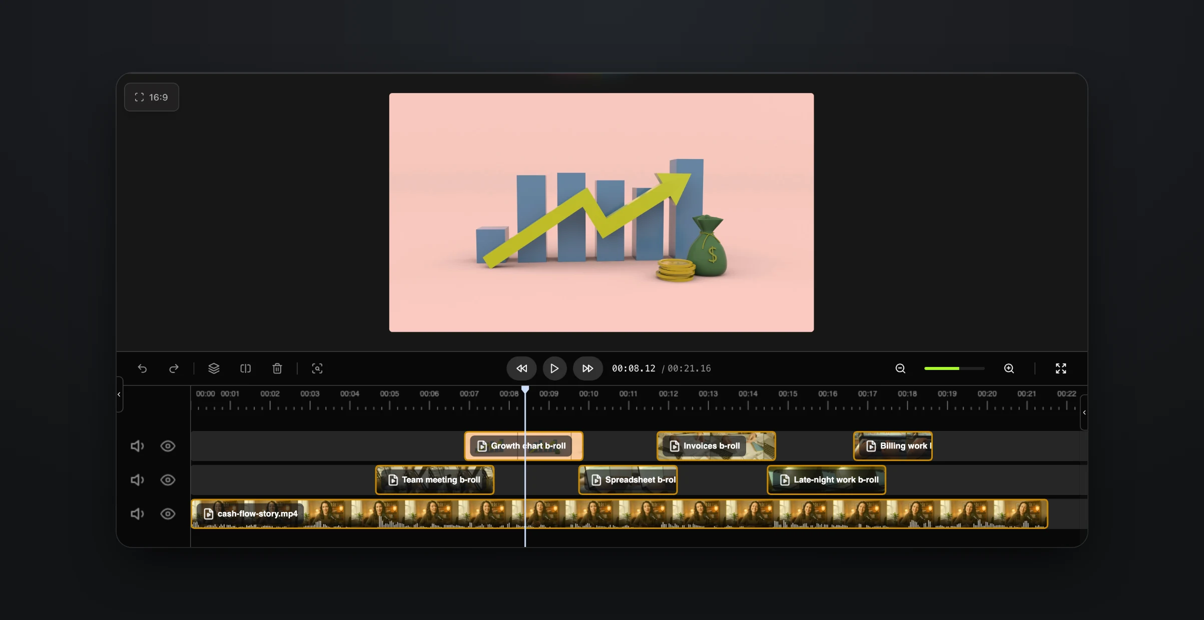 The replacement shot in the preview, a bar chart with a rising arrow and a bag of money, with the six cutaways on two tracks below