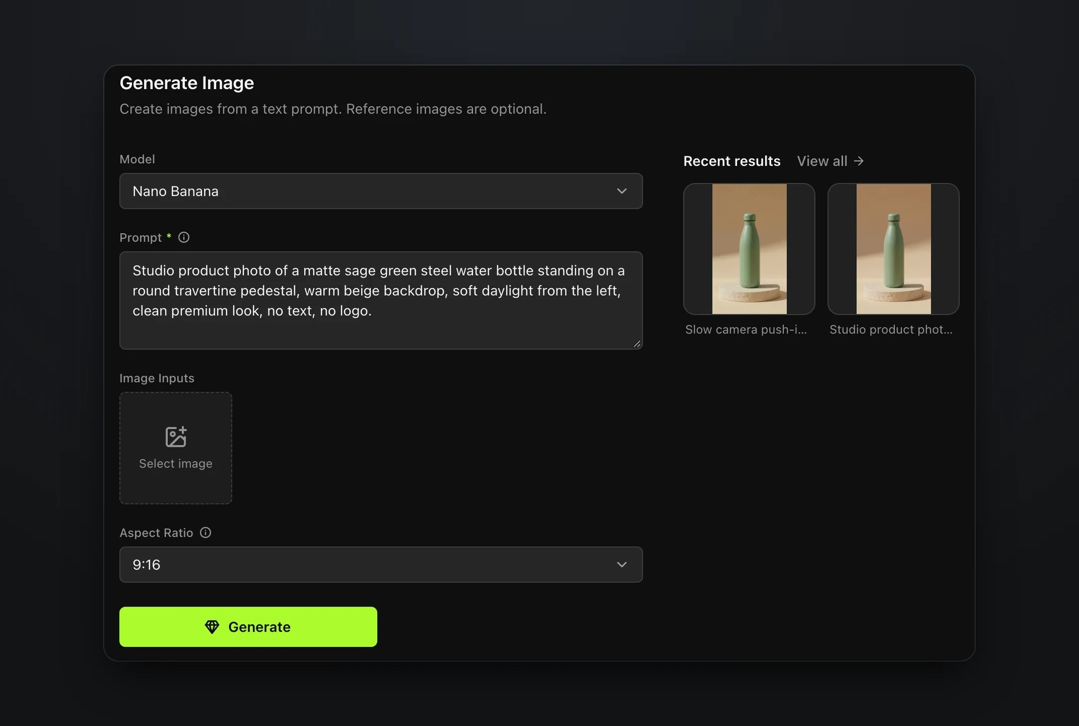Generate Image in Rendley's AI Studio with the Nano Banana model, a prompt for a studio product photo of a sage green steel water bottle on a travertine pedestal, a vertical aspect ratio and the Generate button