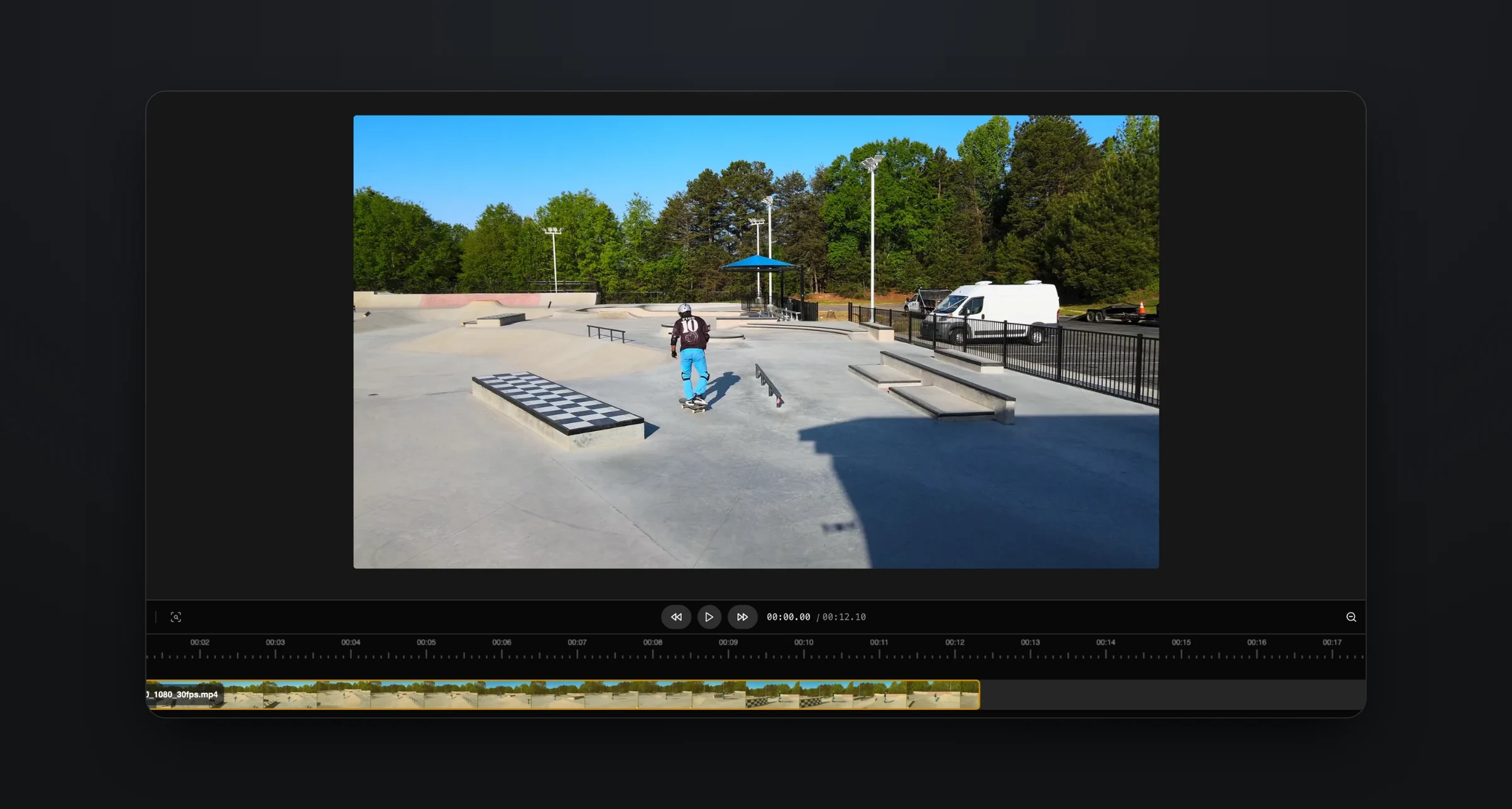 The original wide clip in the Rendley editor, a skate park with the skater small in the middle of the frame