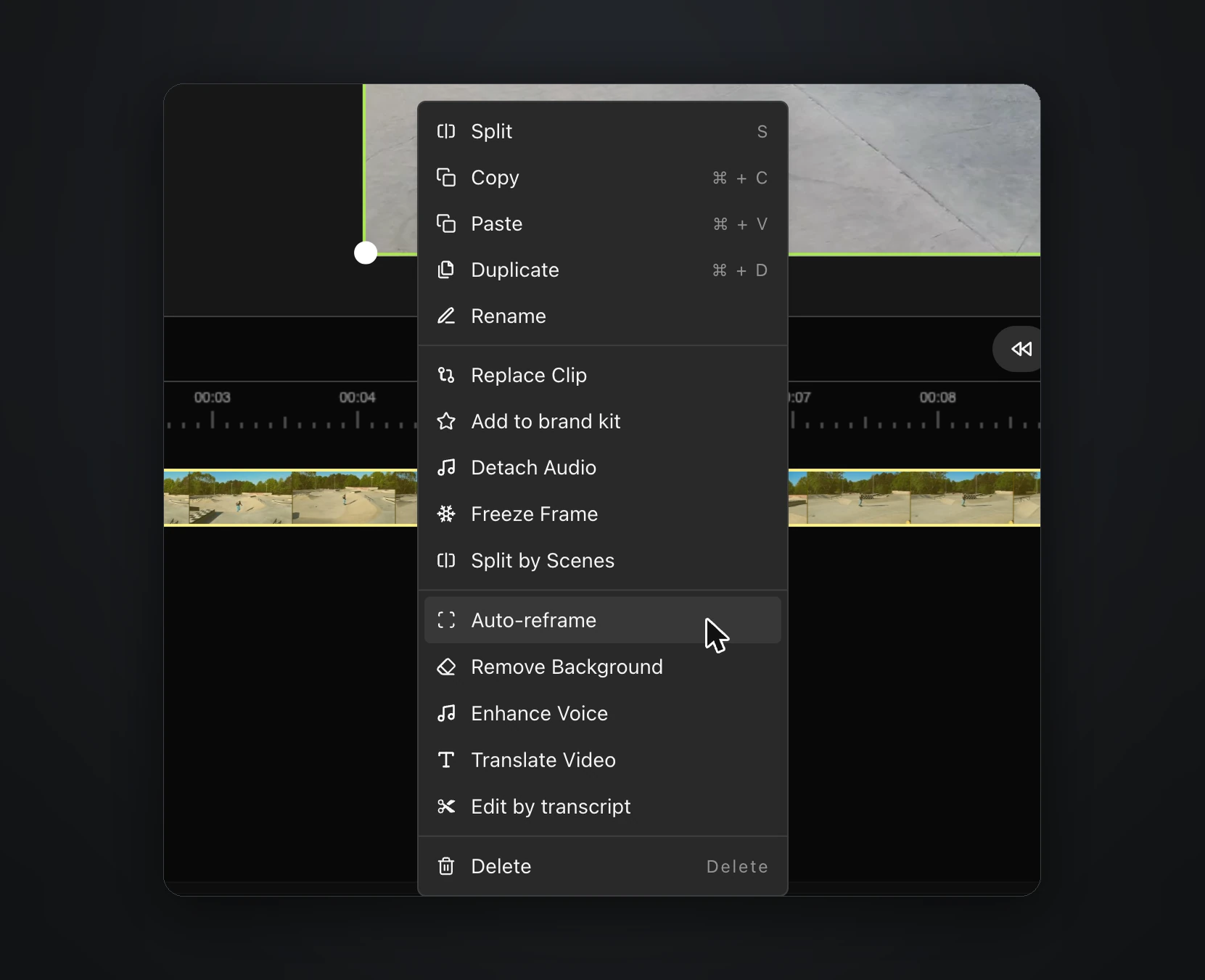 The clip context menu in the Rendley editor, with Auto-reframe listed next to Remove Background, Enhance Voice, Translate Video and Edit by transcript