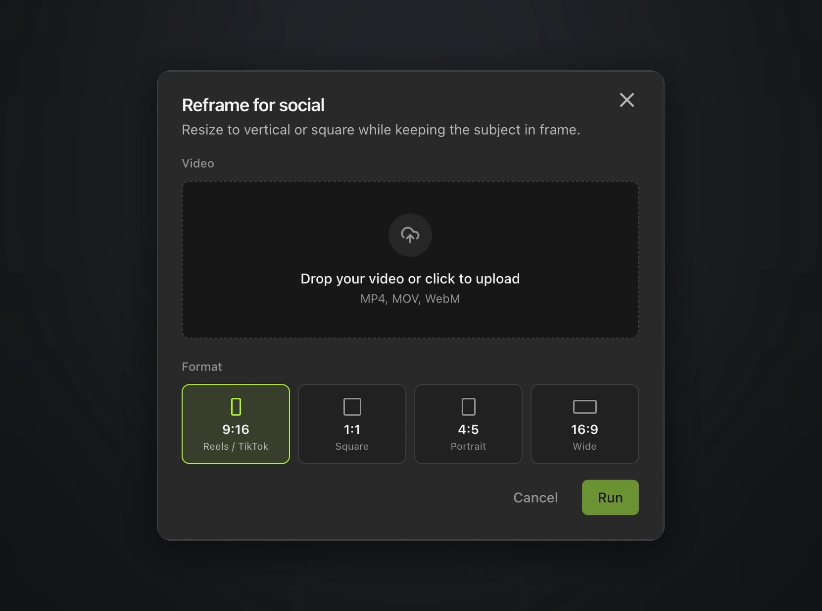The Reframe for social quick tool, with an upload area for MP4, MOV or WebM and format options for 9:16, 1:1, 4:5 and 16:9