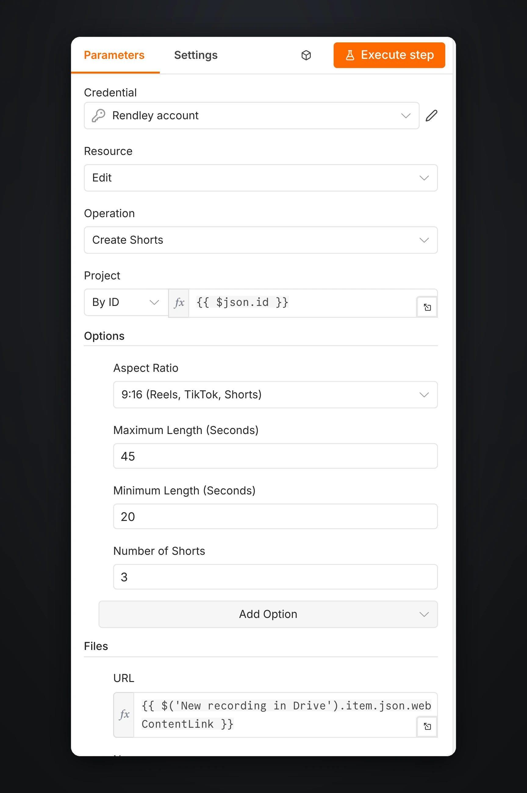 The Create Shorts node in n8n, with the Create Shorts operation, a vertical aspect ratio, a maximum length of 45 seconds, a minimum of 20 seconds, three Shorts and the recording link from Google Drive