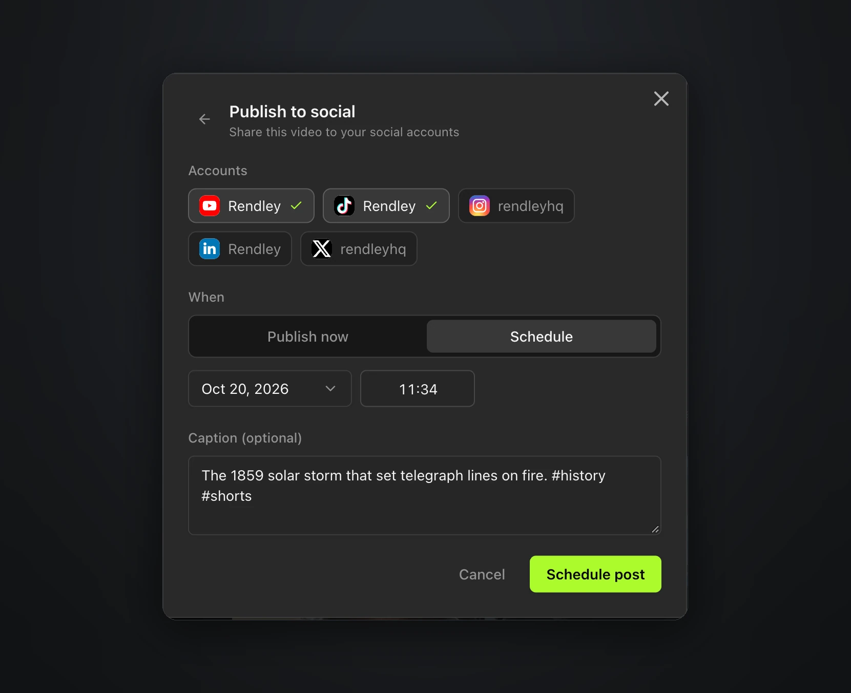 The Publish to social dialog in Rendley Studio with YouTube and TikTok selected, a scheduled date and time, and a caption