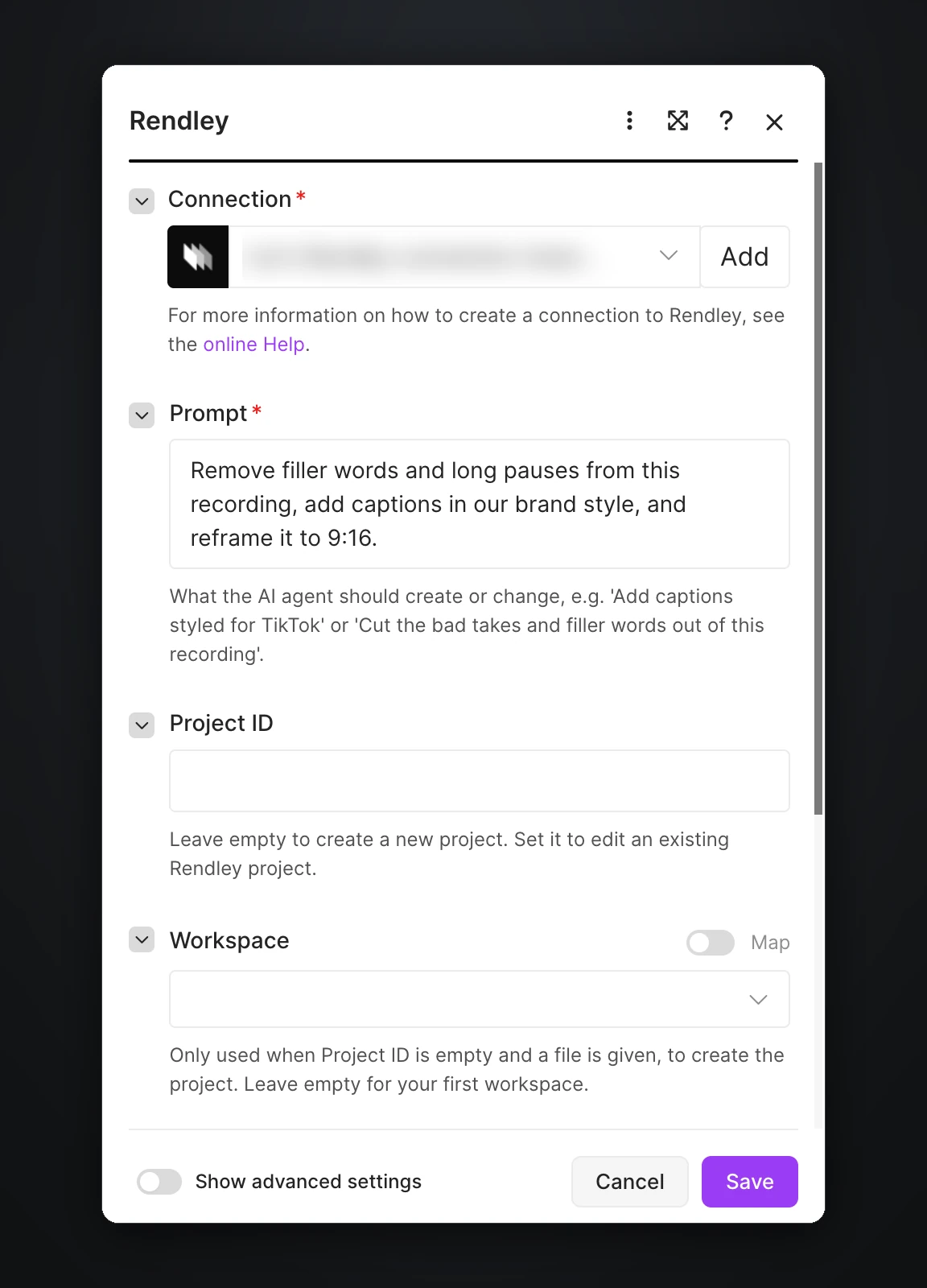 The Rendley AI video agent module in Make, with the prompt filled in, an empty Project ID that creates a new project, and a Workspace field