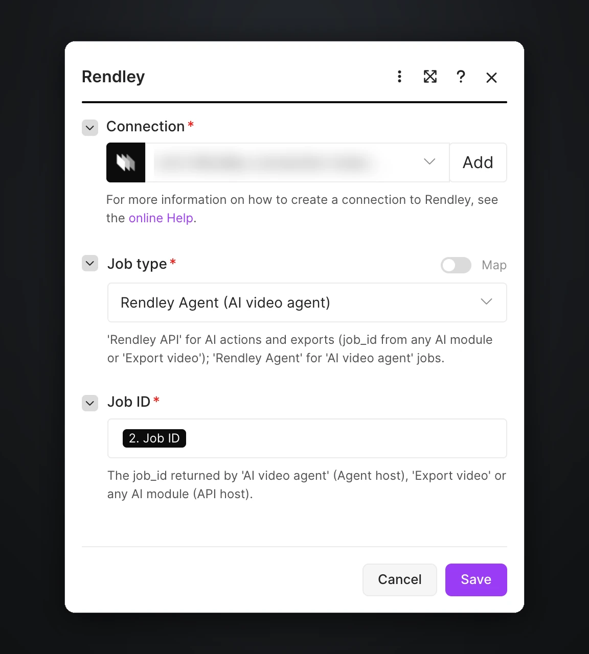 The Get job status module in Make, set up to check on the AI video agent