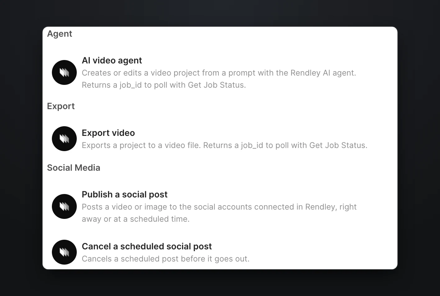 Rendley modules in Make, including AI video agent, which creates or edits a video project from a prompt, Export video, Publish a social post and Cancel a scheduled social post
