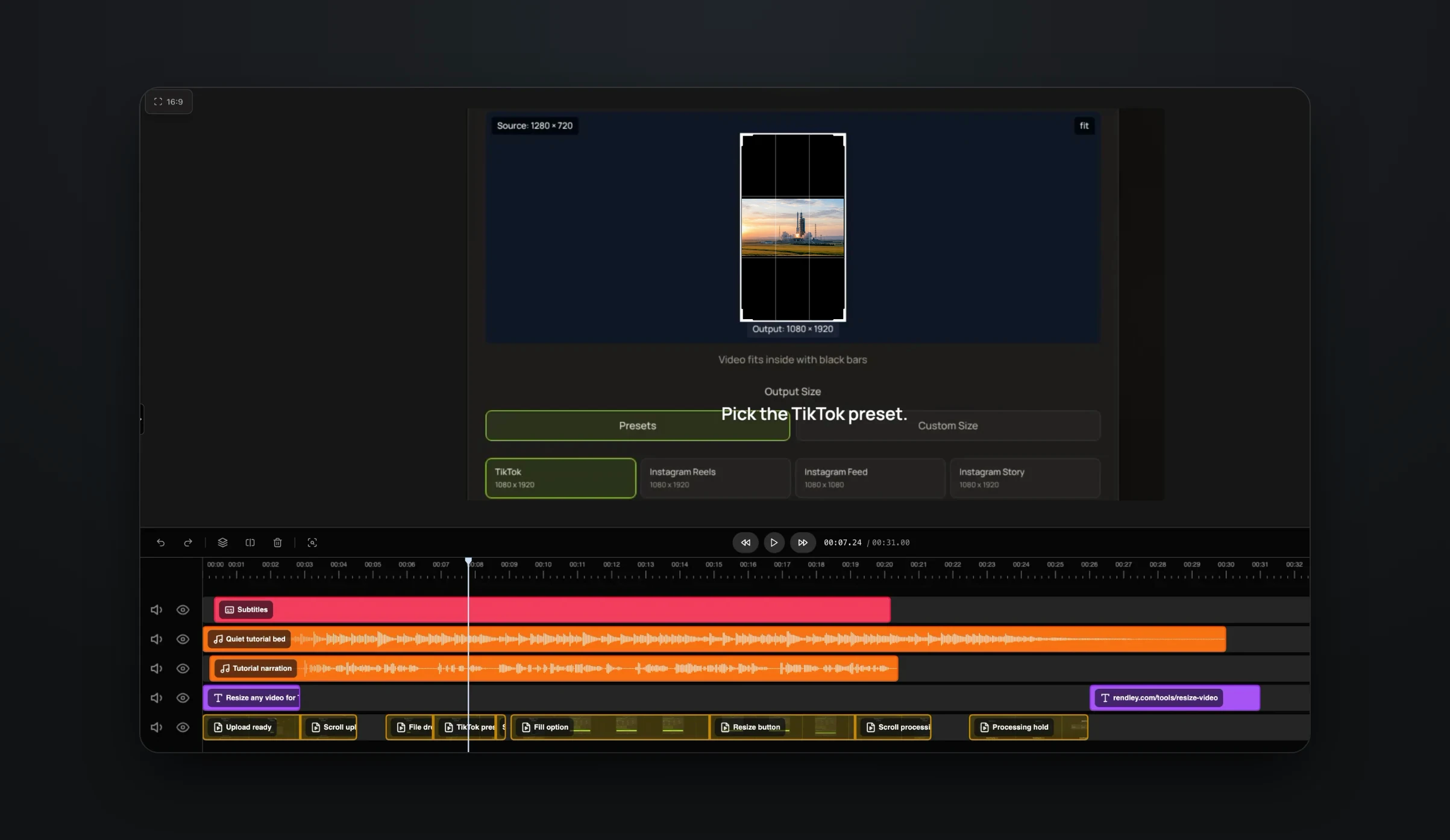 The product demo in the Rendley editor, with a zoom on the TikTok preset, the caption Pick the TikTok preset, and a timeline with subtitles, music, narration, a title and clips named Upload ready, File drop, TikTok preset, Fill option and Resize button