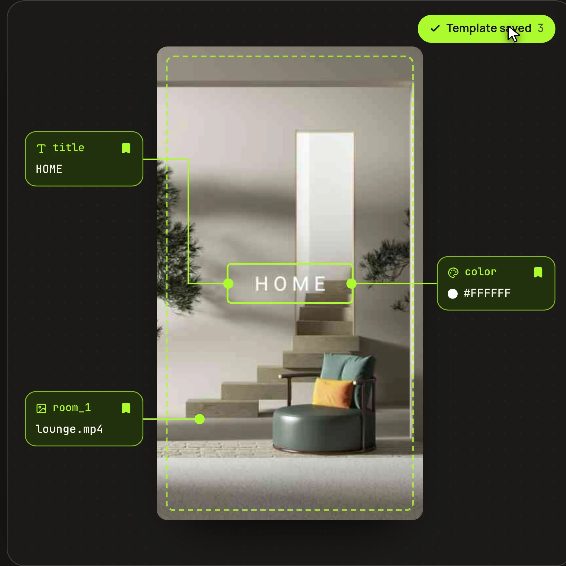 A video template in Rendley Studio with fields marked for the title text, its color, and the first clip