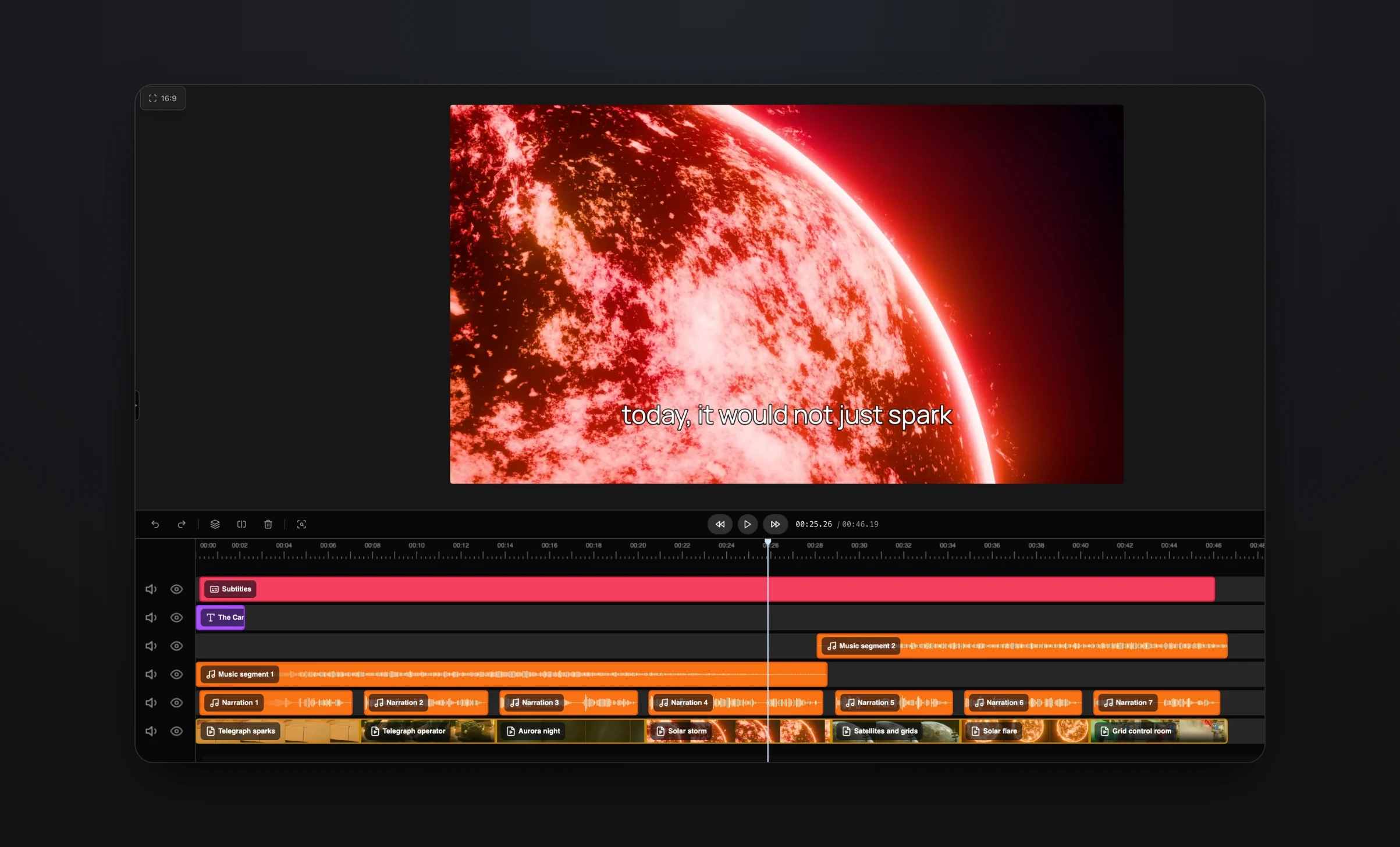 The finished project in the Rendley editor, with captions, a title card, music, seven narration clips and seven stock scenes on the timeline