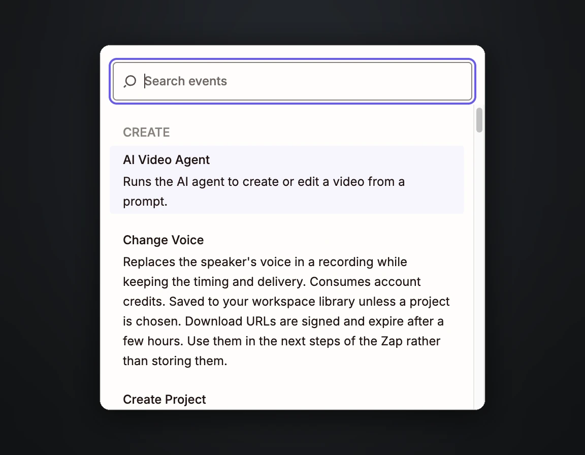 The action list of the Rendley app in Zapier, starting with AI Video Agent, which runs the AI agent to create or edit a video from a prompt, and Change Voice