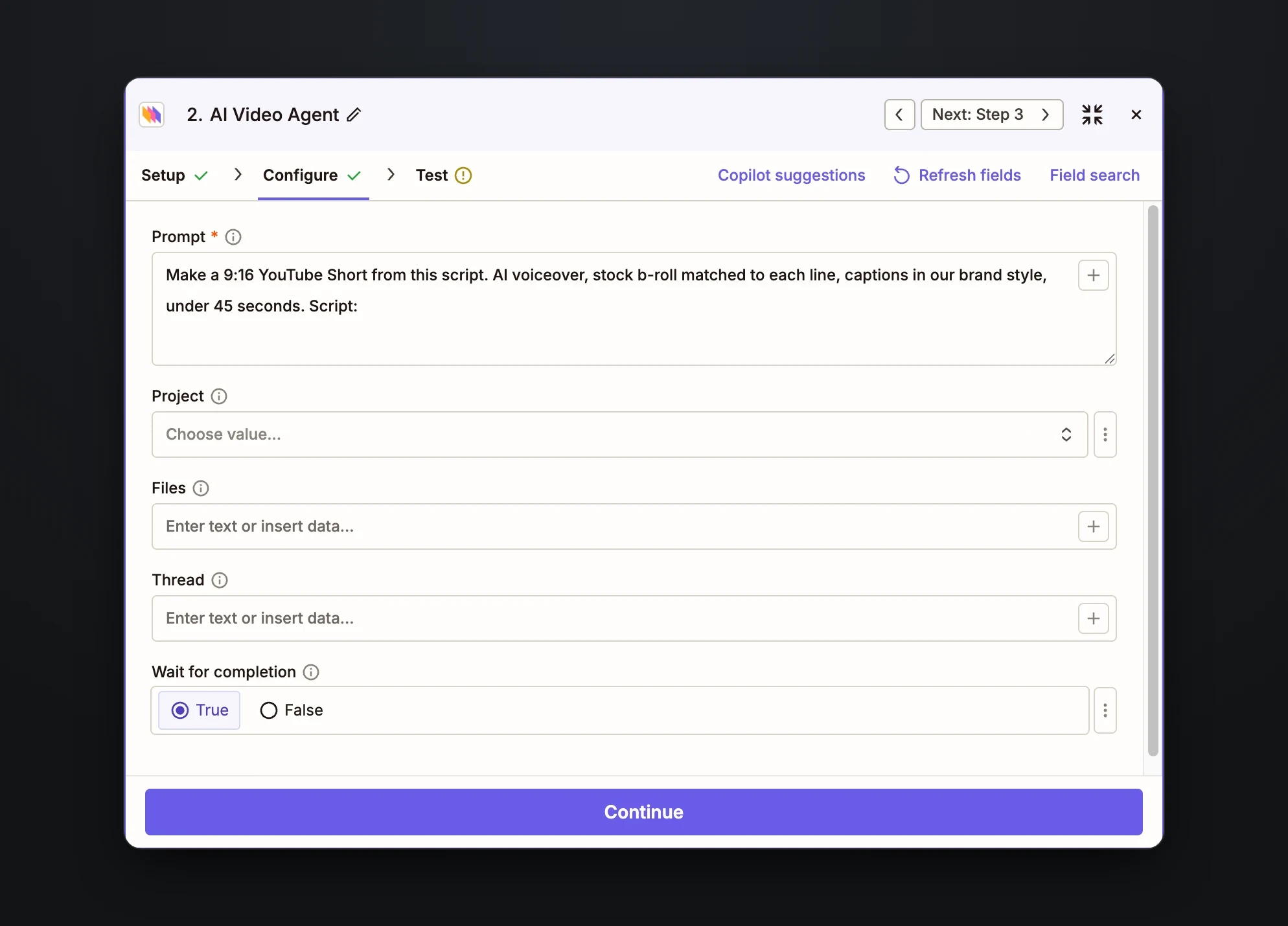 The AI Video Agent step in Zapier, with a prompt asking for a vertical YouTube Short with AI voiceover, stock b-roll matched to each line and captions in our brand style, and fields for Project, Files, Thread and Wait for completion set to True