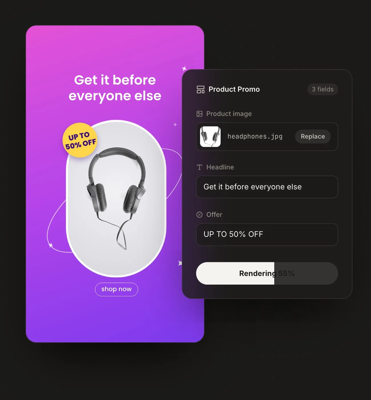 Swapping the product image, name, and price in a Product Promo template in Rendley Studio, then exporting