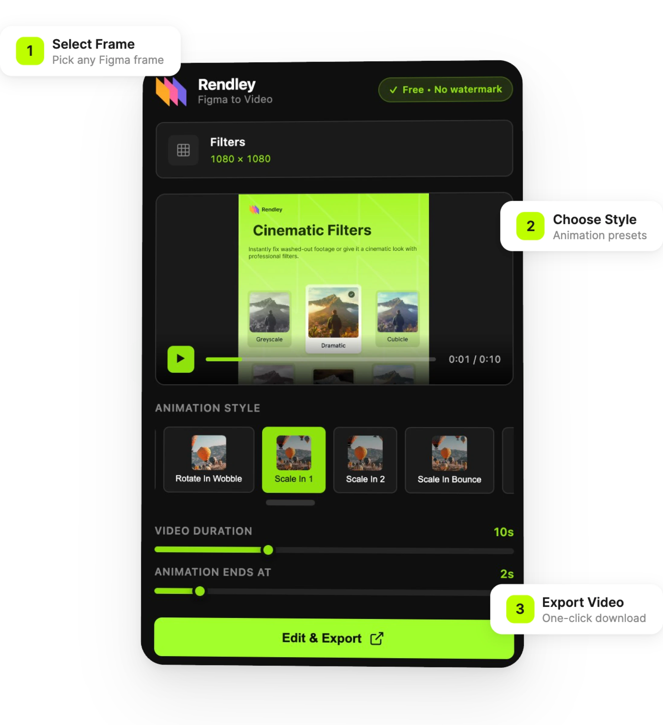 Three simple steps: Select Frame, Choose Style, Export Video