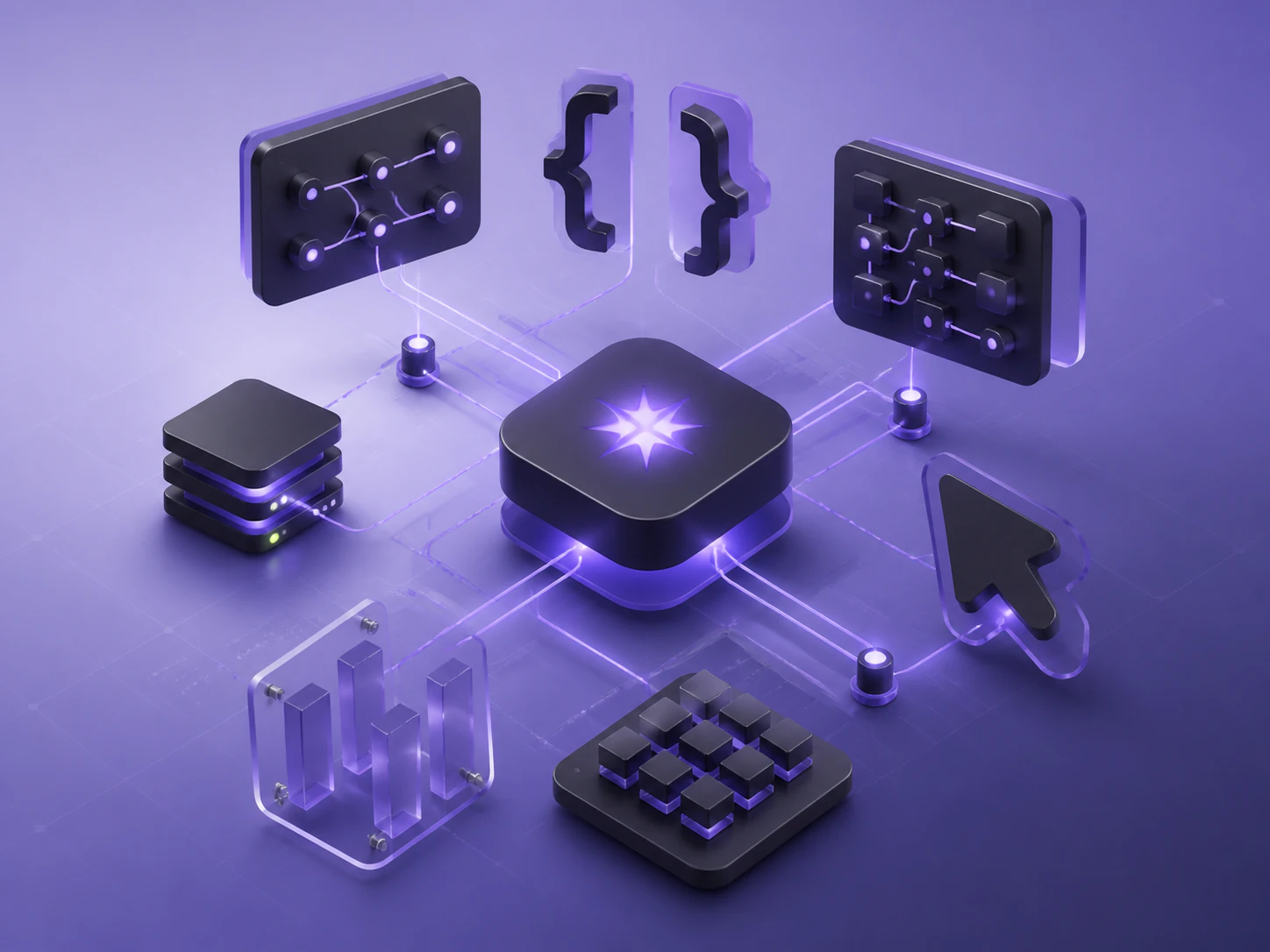 A luminous skill core connecting modular code blocks, braces, and component nodes